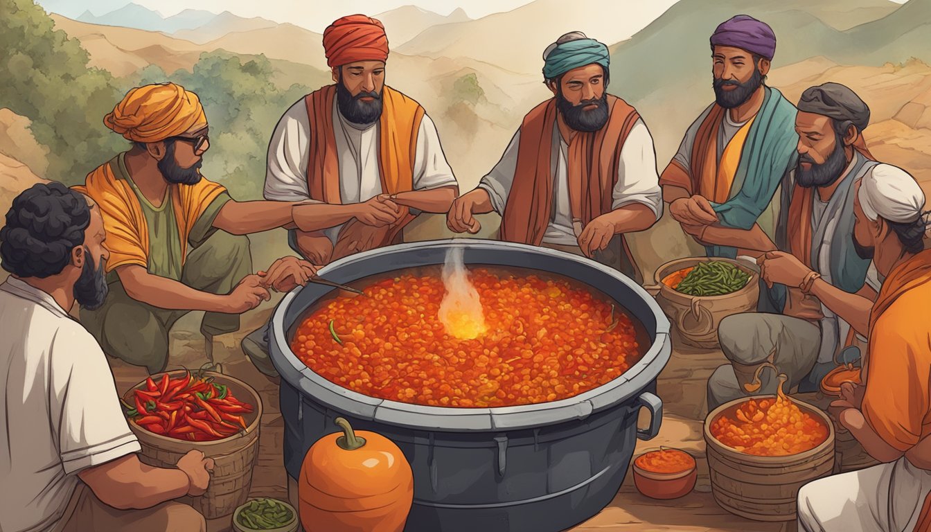 A group of ancient civilizations gather around a bubbling pot of chili peppers, experimenting with different ingredients and techniques to create the first hot sauce