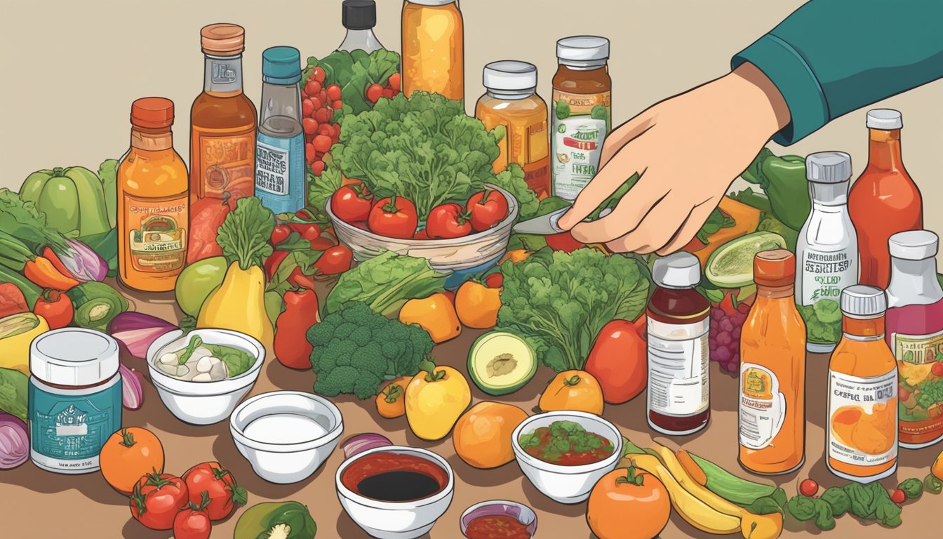 A person adding hot sauce to a meal, surrounded by various fruits, vegetables, and medication bottles