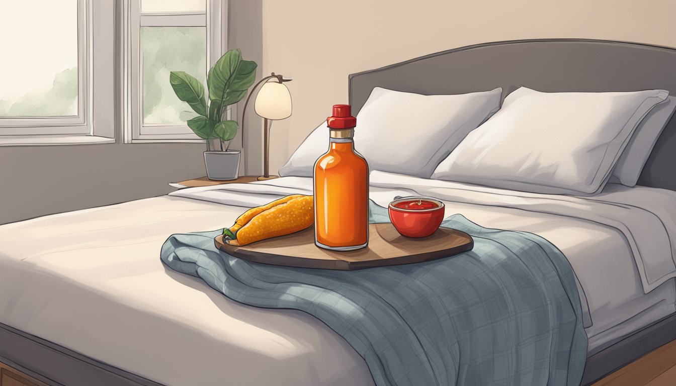 A bottle of hot sauce sits next to a cozy bed with a pillow and blanket