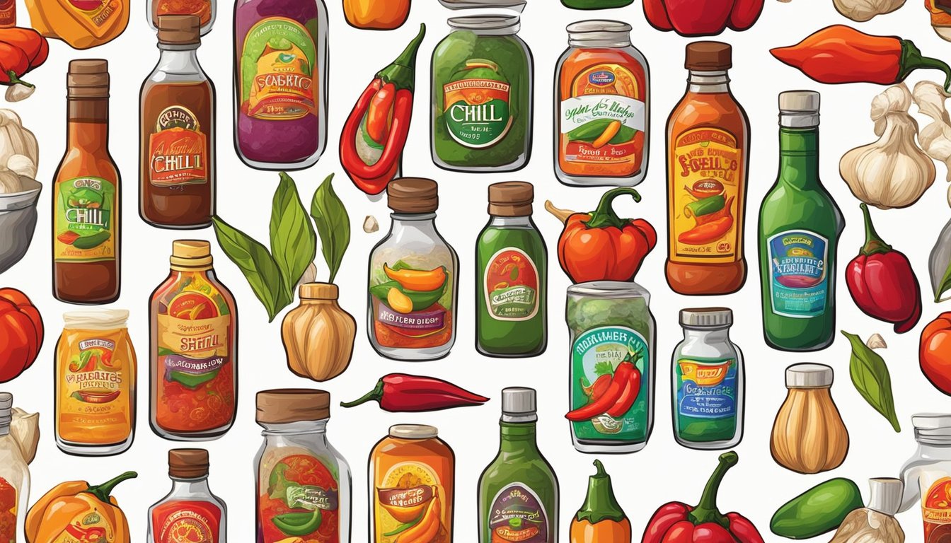 A colorful array of fresh chili peppers, garlic, vinegar, and spices, arranged around bottles of various hot sauce flavors