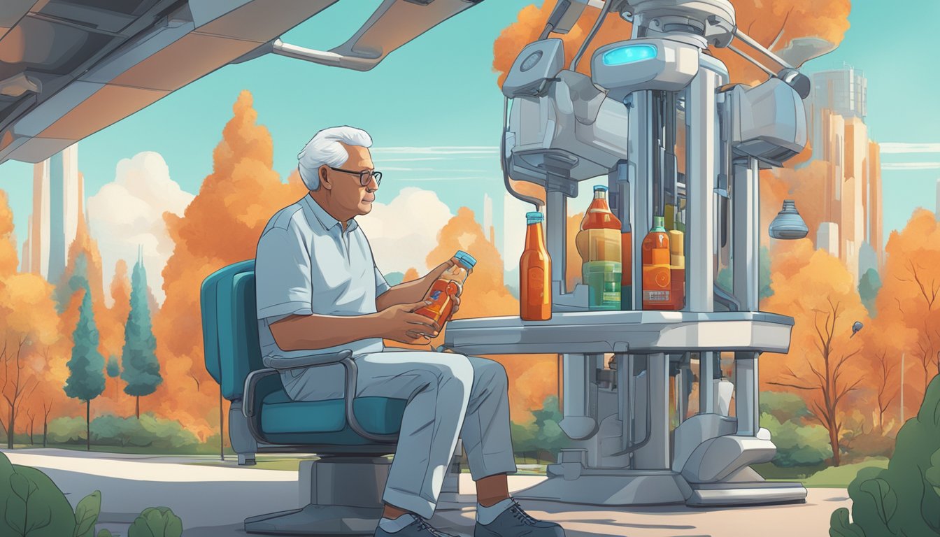 A person with Parkinson's disease holds a bottle of hot sauce while surrounded by futuristic medical equipment and advanced technology in a park setting