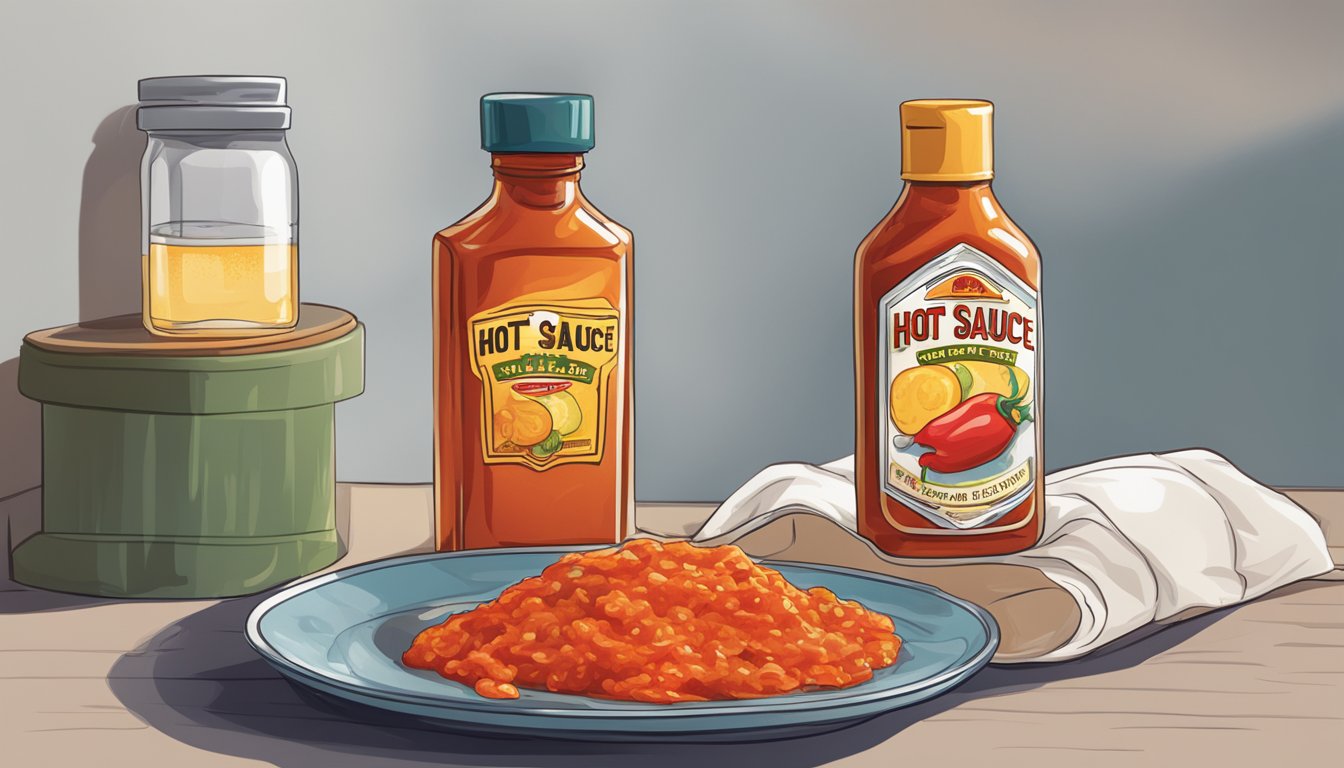 A bottle of hot sauce next to a bedside table with a glass of water and a sleep mask