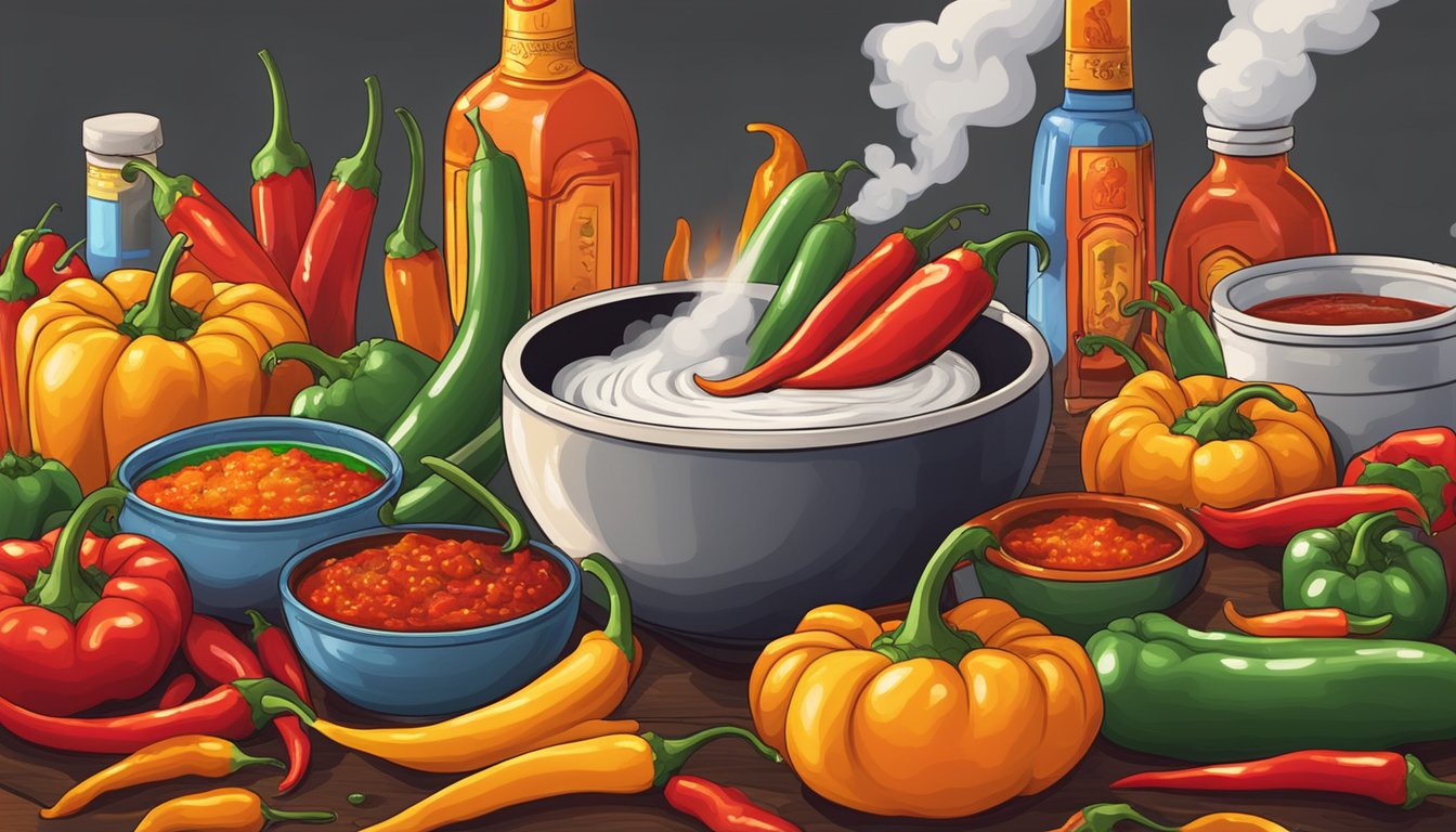 A steaming bowl of spicy chili surrounded by vibrant peppers and fiery hot sauce bottles