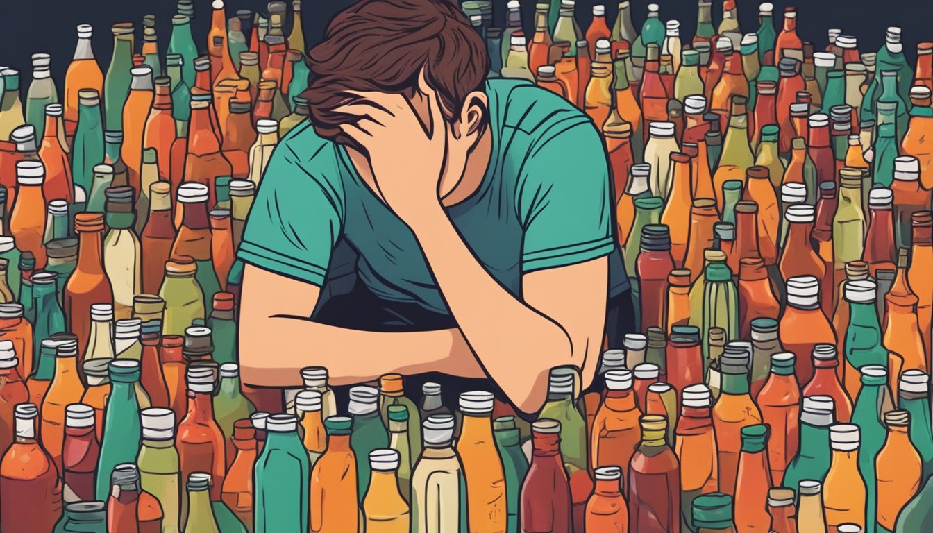 A person sweating while surrounded by bottles of hot sauce and feeling overwhelmed by anxiety