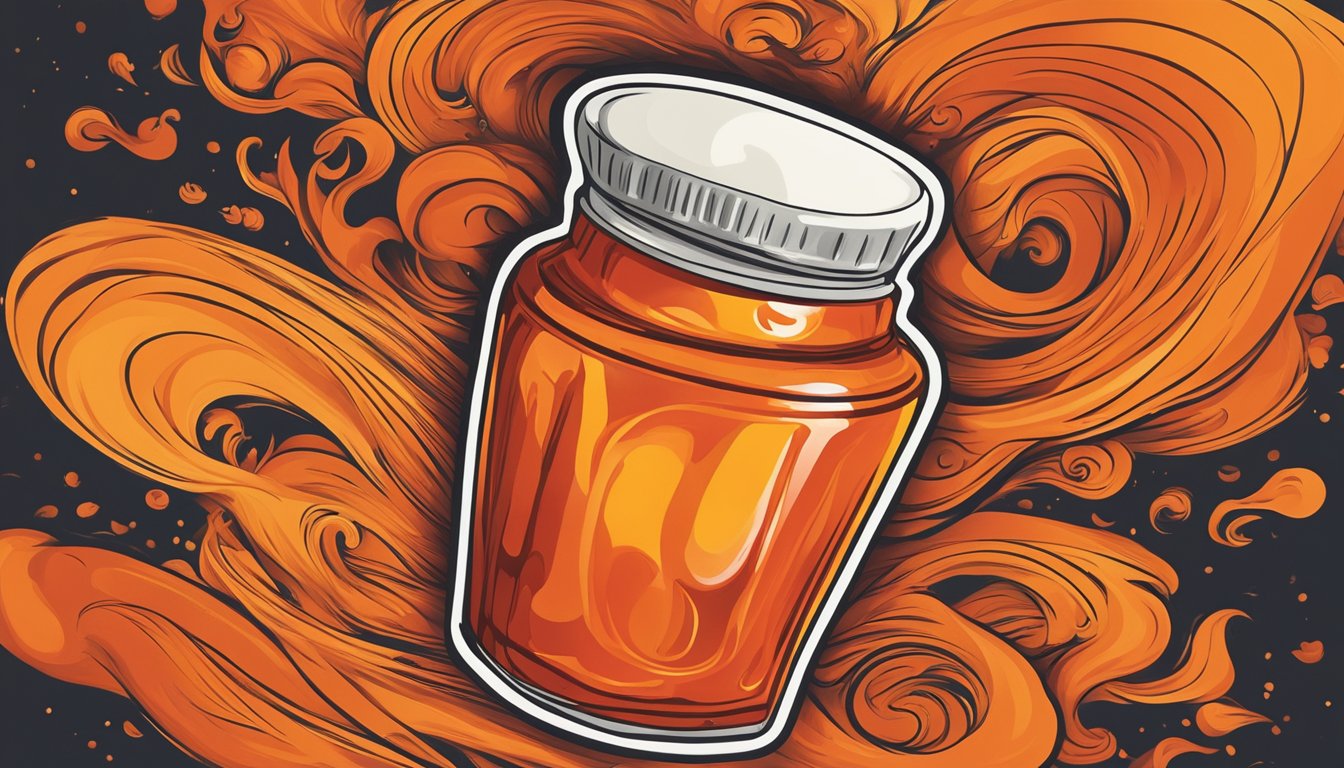 A bottle of hot sauce surrounded by swirling, fiery red and orange colors, evoking a sense of intensity and anxiety