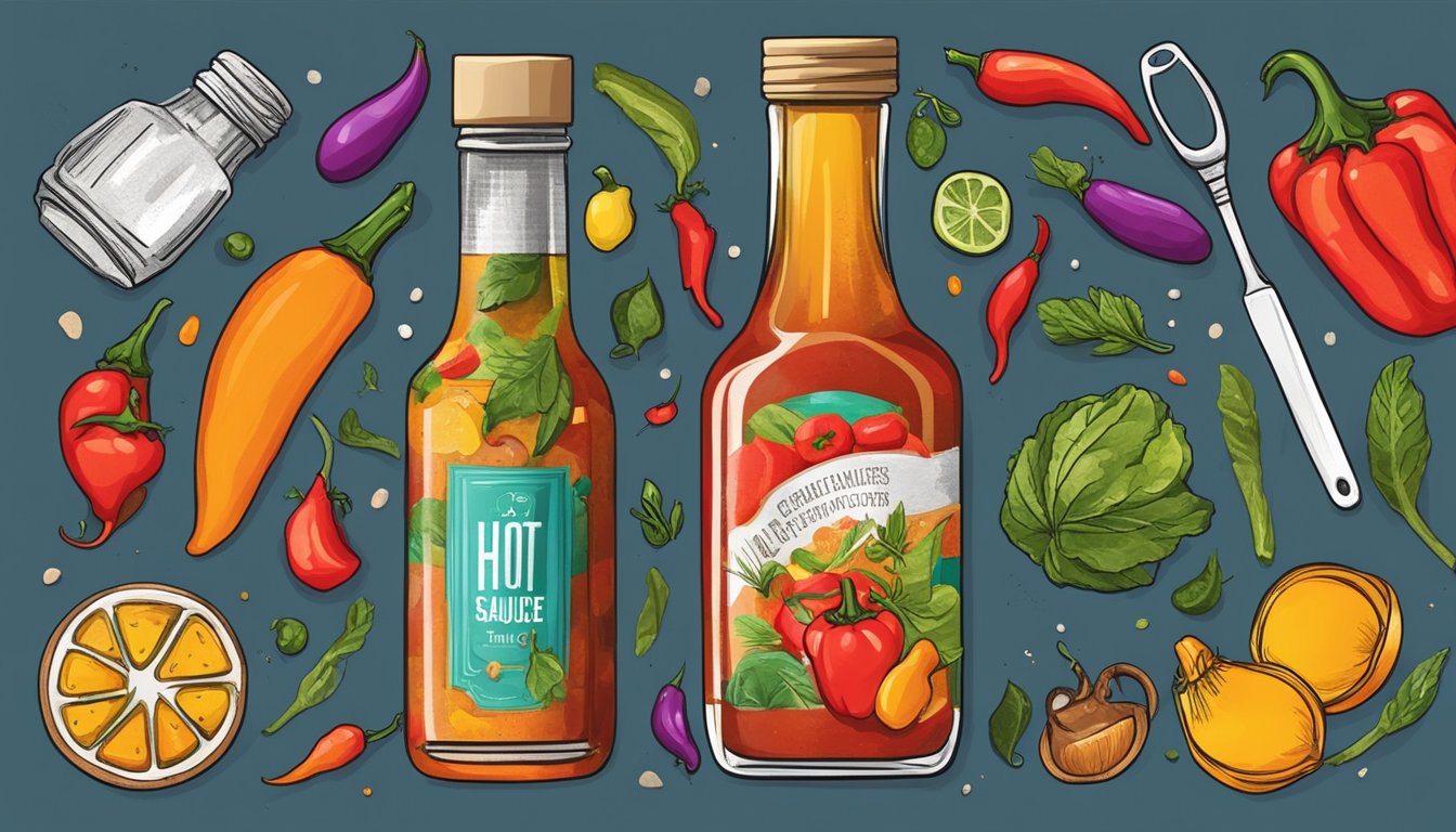 A vibrant bottle of hot sauce surrounded by colorful ingredients and artistic tools, symbolizing the fusion of cultural impact and creativity in culinary trends