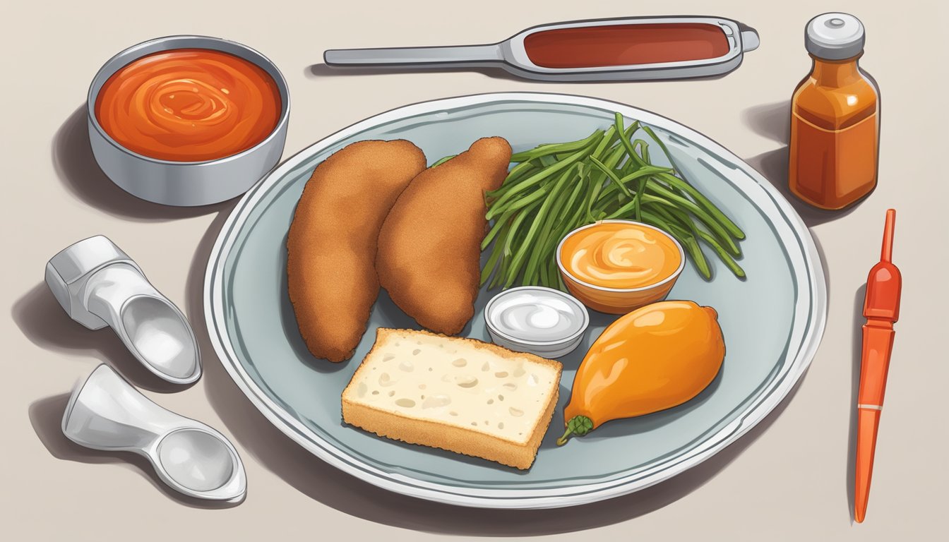 A plate of food with a bottle of hot sauce next to it, surrounded by measuring cups and a blood glucose monitor