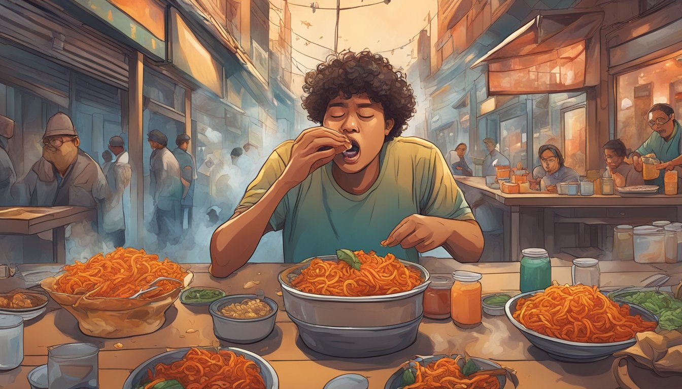 A person sweating and breathing heavily while eating spicy food, surrounded by a chaotic and overwhelming environment