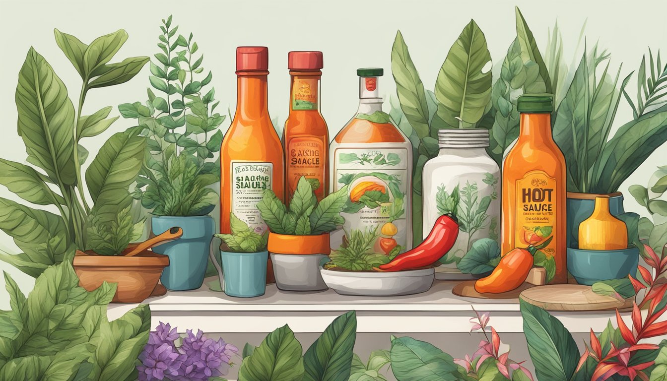 A bottle of hot sauce surrounded by calming elements like plants and relaxation tools