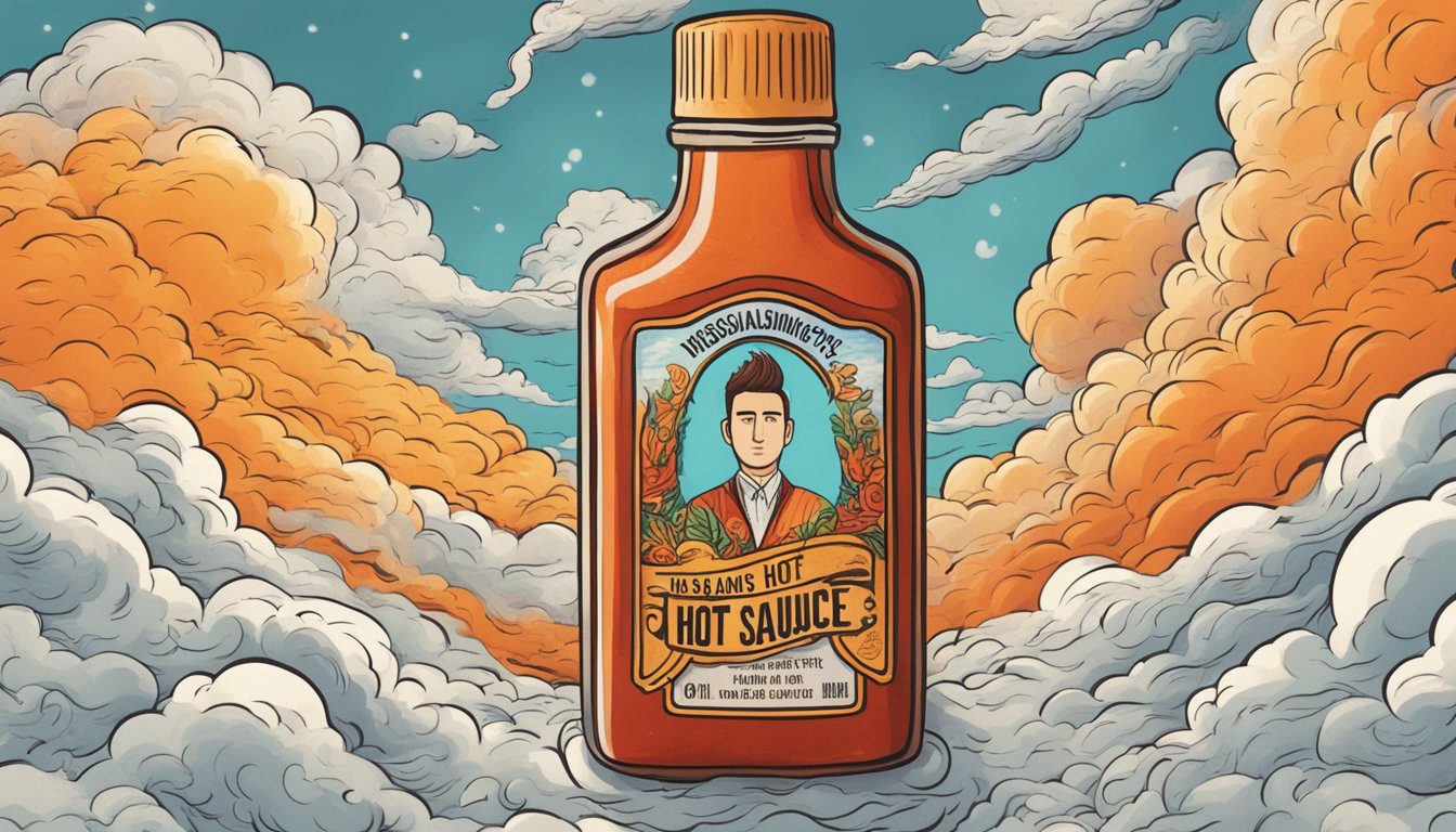 A bottle of hot sauce looms over a person's trembling mind, surrounded by swirling clouds of anxiety