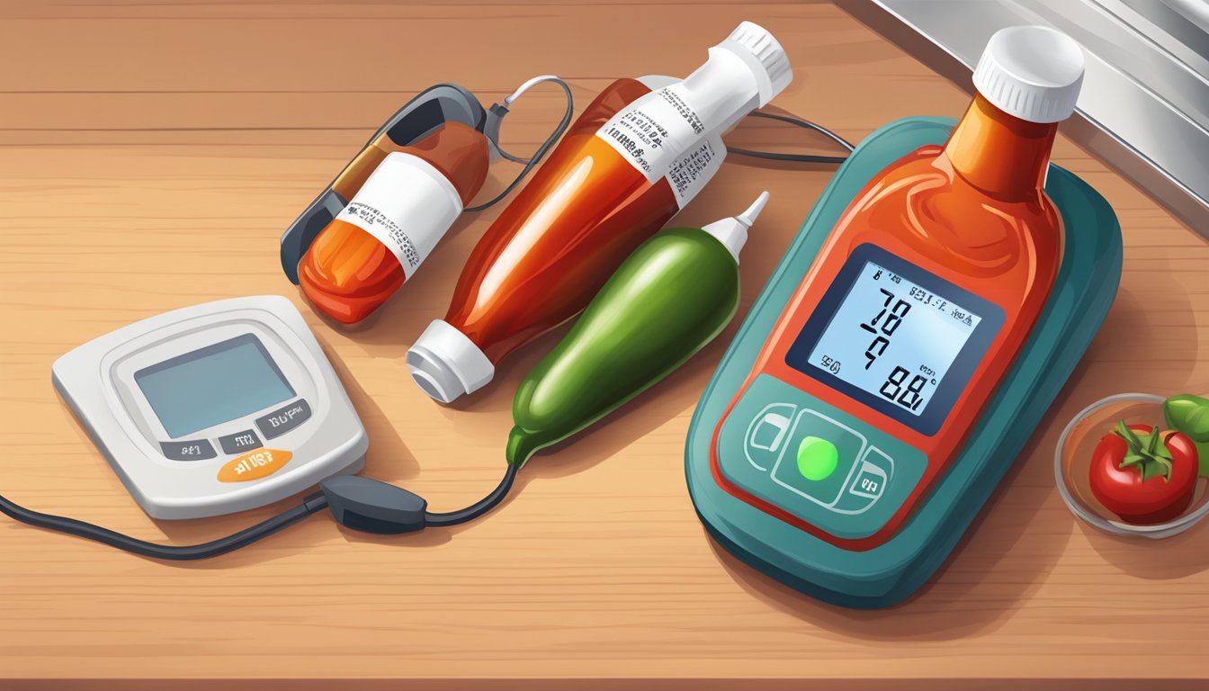 A bottle of hot sauce and a blood glucose monitor on a kitchen counter