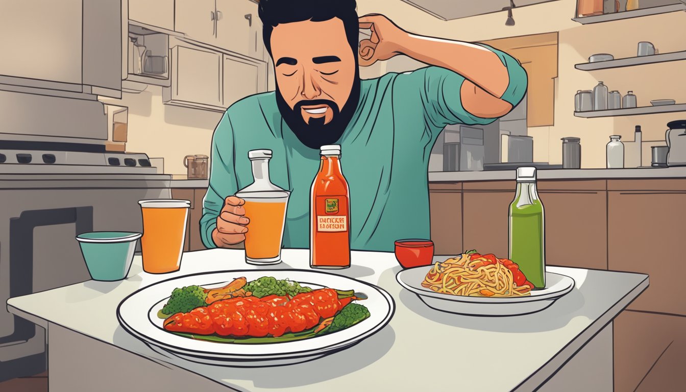 A bottle of hot sauce next to a plate of food, with a person holding their head in pain