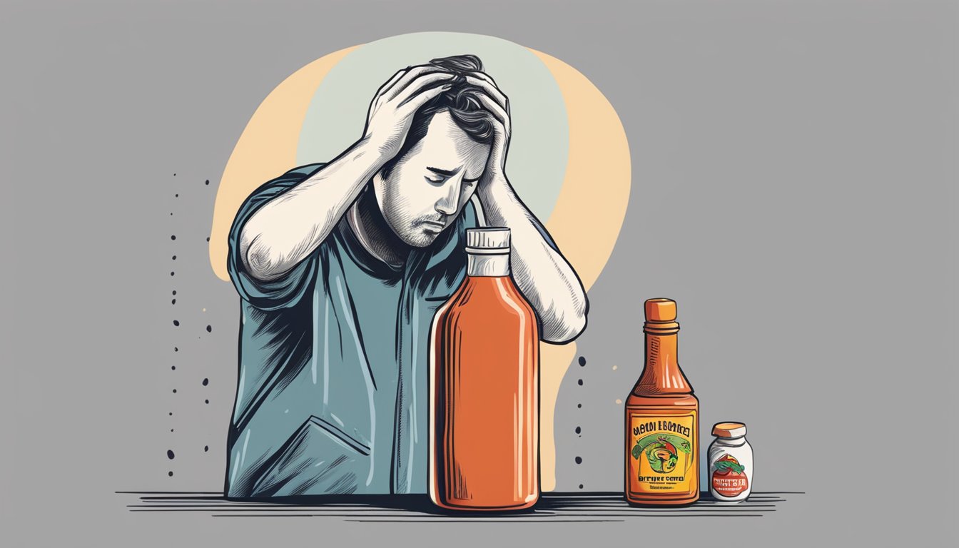 A bottle of hot sauce next to a person holding their head in pain