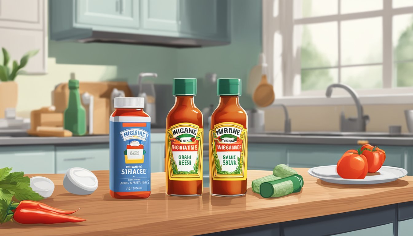 A bottle of hot sauce next to a bottle of migraine medication on a kitchen counter