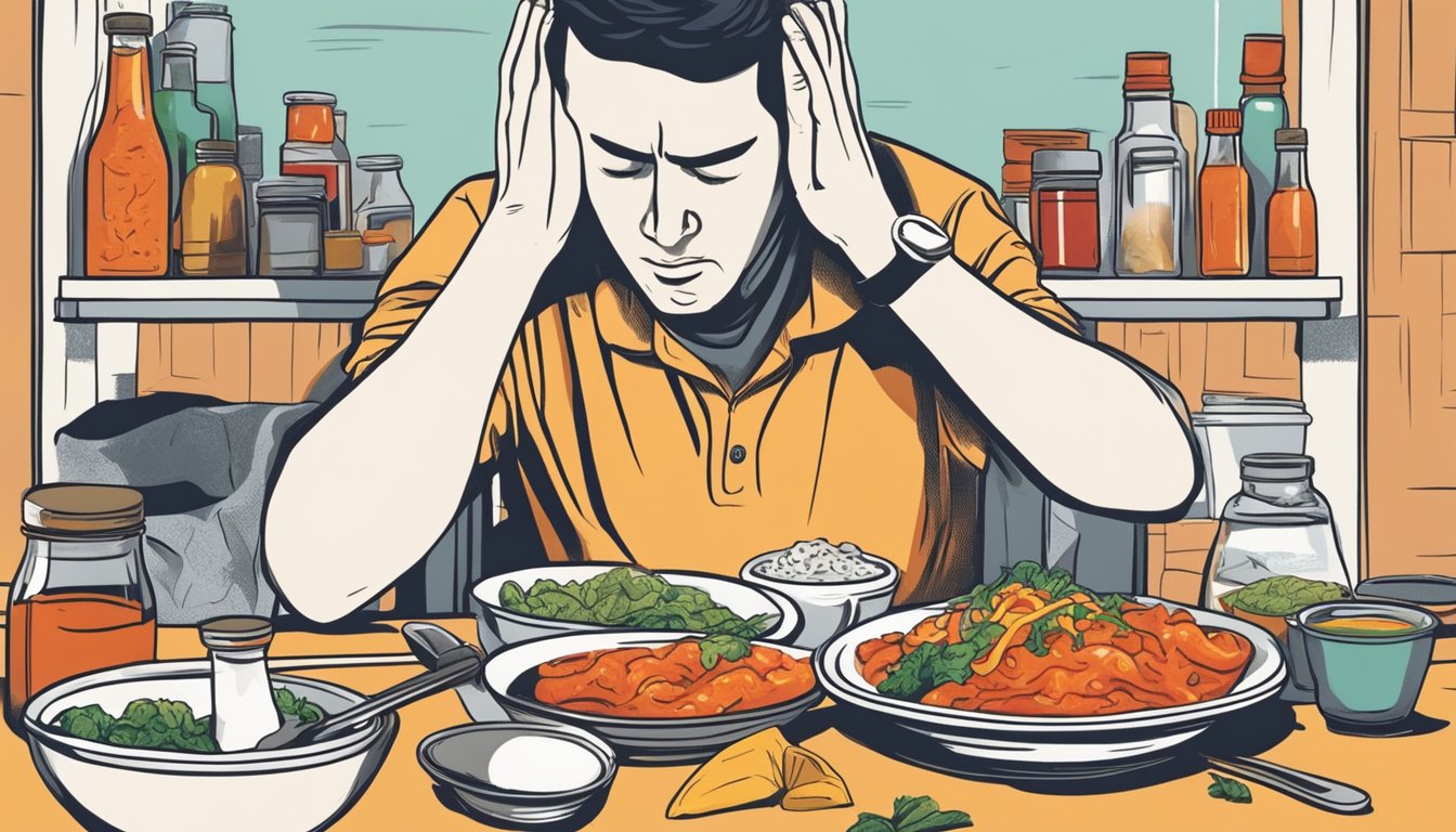 A person adding hot sauce to their meal, while holding their head in pain from a migraine