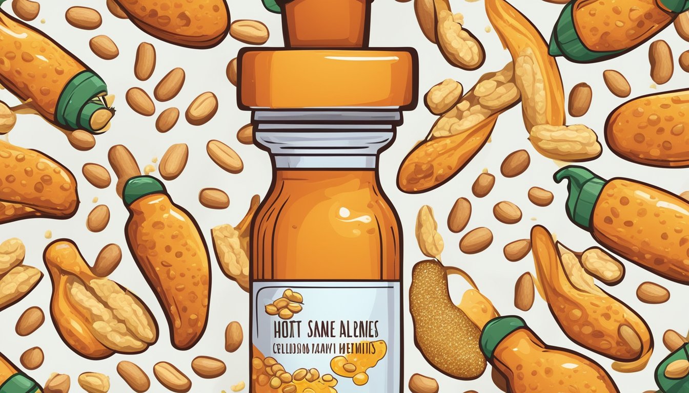 A bottle of hot sauce surrounded by various allergens like peanuts, dairy, and pollen, with the immune system cells reacting in the background