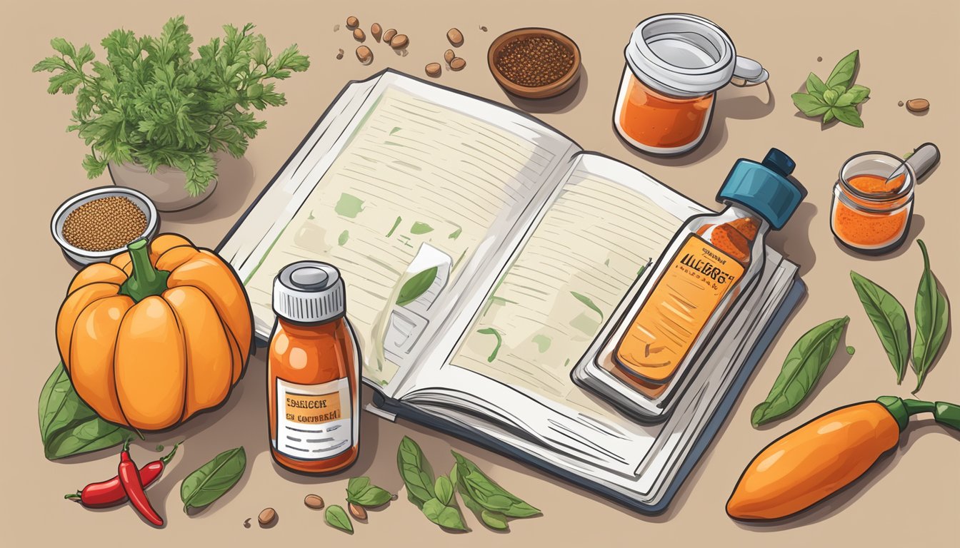 A bottle of hot sauce surrounded by various spices and allergens, with a doctor's stethoscope and a medical journal open to a page on allergy management