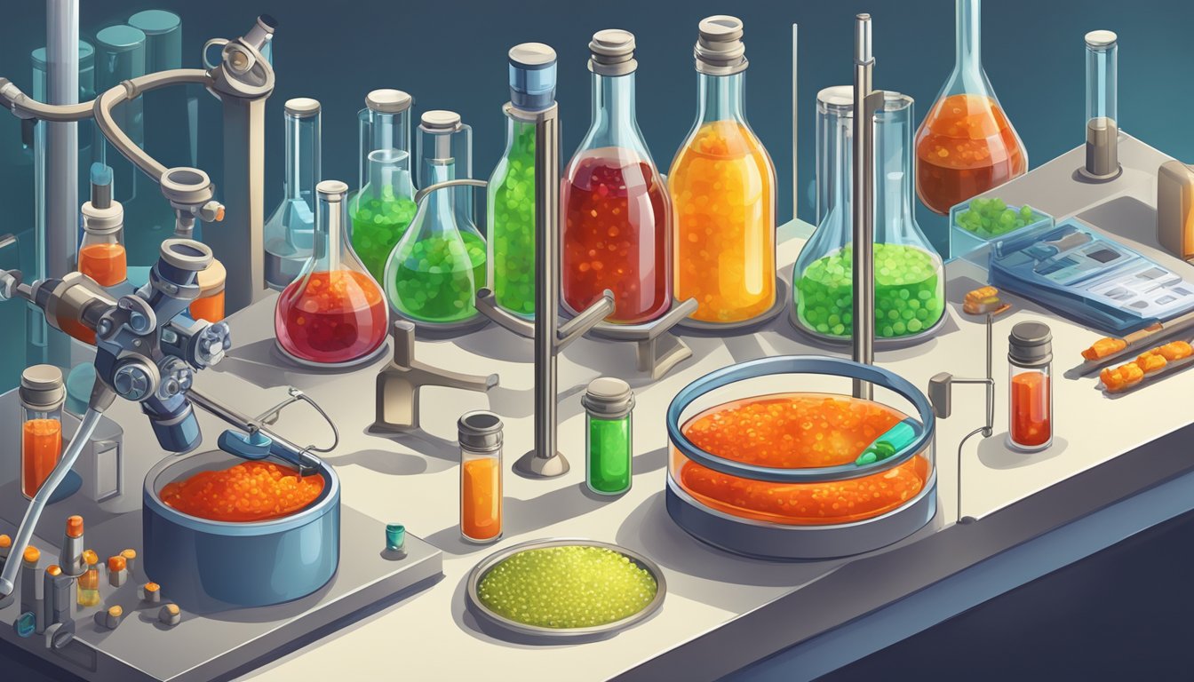 A lab setting with test tubes, beakers, and scientific equipment. A bottle of hot sauce and cancer cells under a microscope