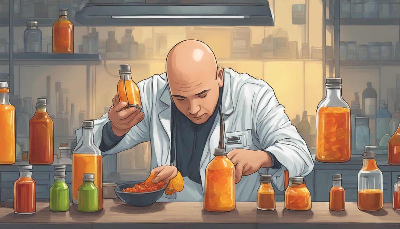 A scientist pouring hot sauce onto a bald head-shaped test subject