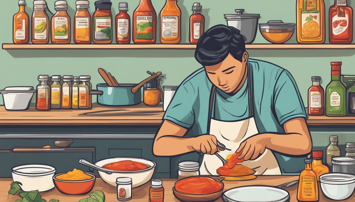 A person cooking a meal with various hot sauces, carefully reading ingredient labels for potential allergens