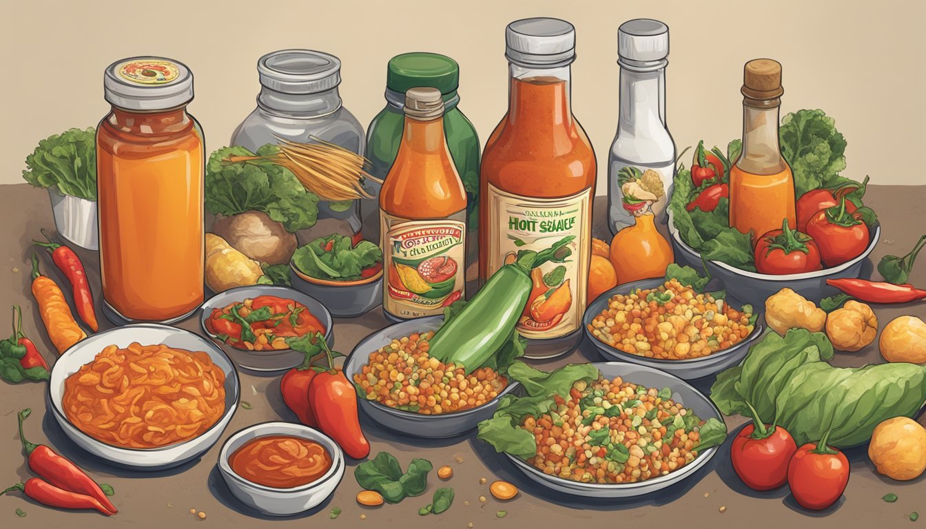 A bottle of hot sauce surrounded by various nutritious foods, with a bald head in the background