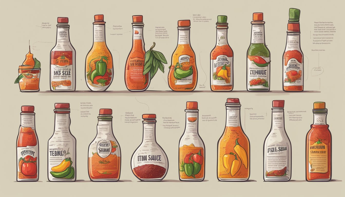 A bottle of hot sauce surrounded by various chili peppers, with a timeline showing the evolution of hot sauce production techniques