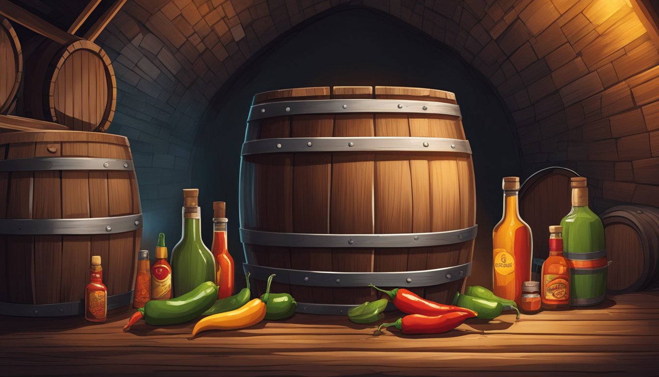 A wooden barrel sits in a dimly lit cellar, filled with bottles of hot sauce. The air is heavy with the scent of fermenting peppers and spices