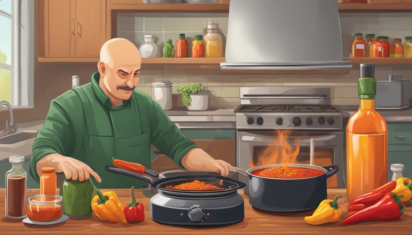 A table with various peppers and spices, a pot simmering on a stove, and a bottle of homemade hot sauce with a bald man's reflection