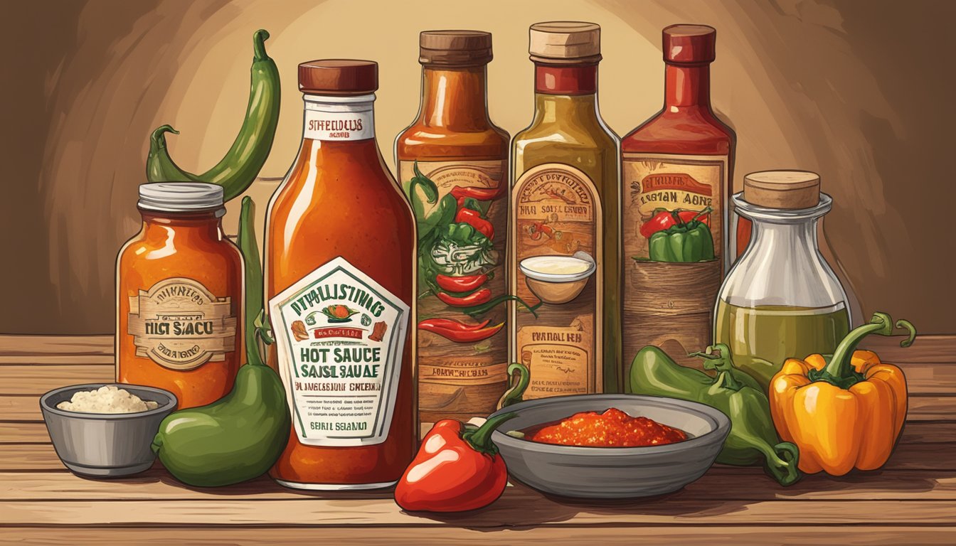 A bottle of hot sauce sits atop a wooden table, surrounded by aging ingredients like peppers and vinegar. The warm colors and rustic setting convey a sense of tradition and flavor