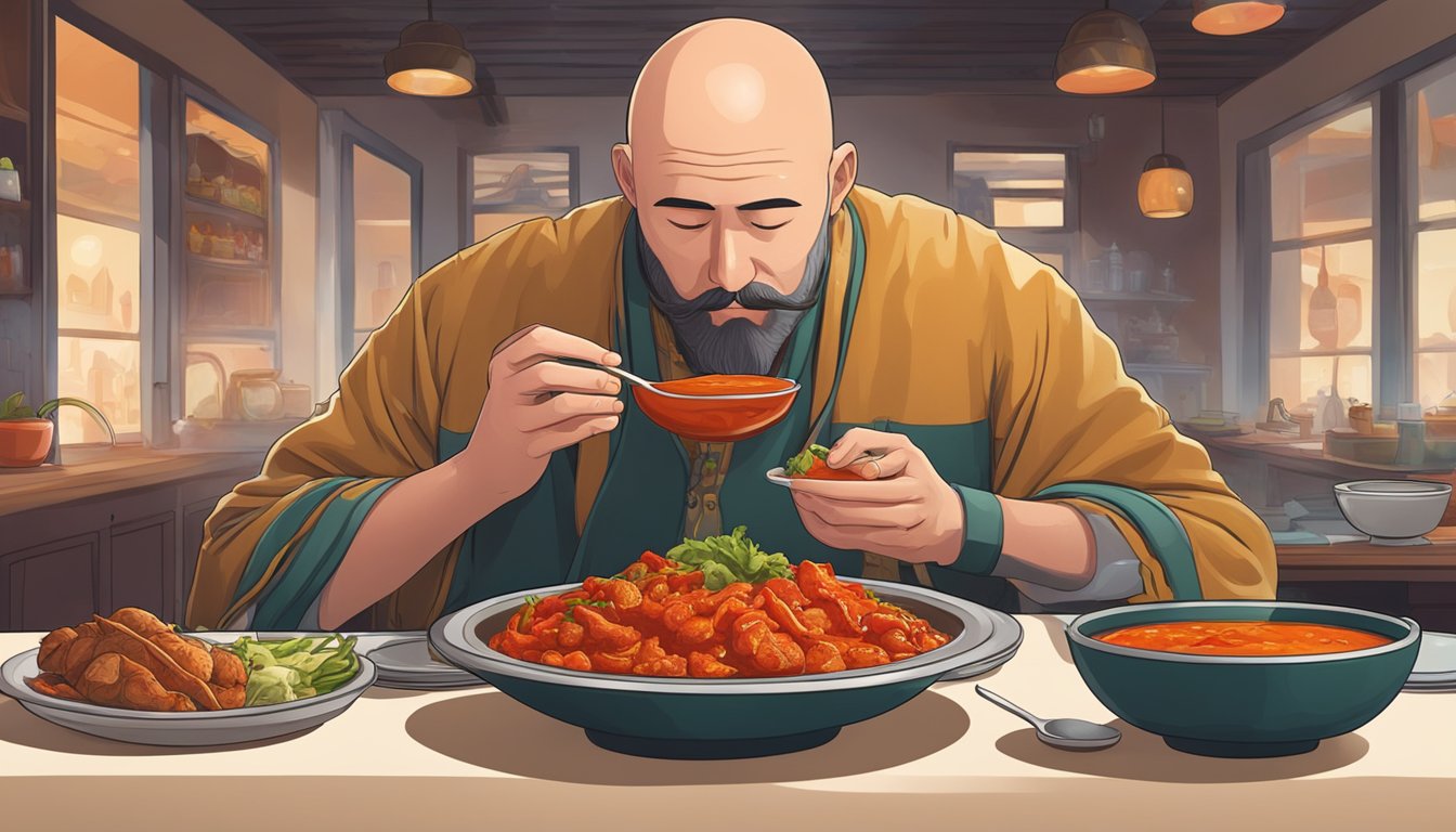 A steaming bowl of hot sauce sits next to a plate of traditional cuisine, with a bald man enjoying the spicy meal