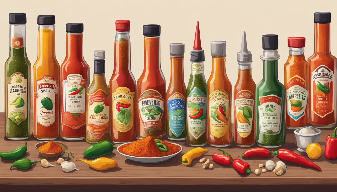 A table filled with various hot sauce ingredients from around the world, including peppers, spices, and vinegar, with bottles of different flavors lined up