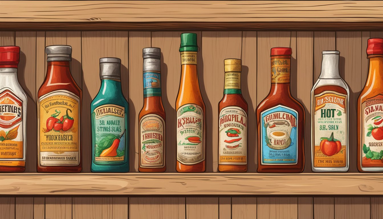 A variety of hot sauce bottles arranged on a wooden shelf, some showing signs of aging with faded labels and worn caps