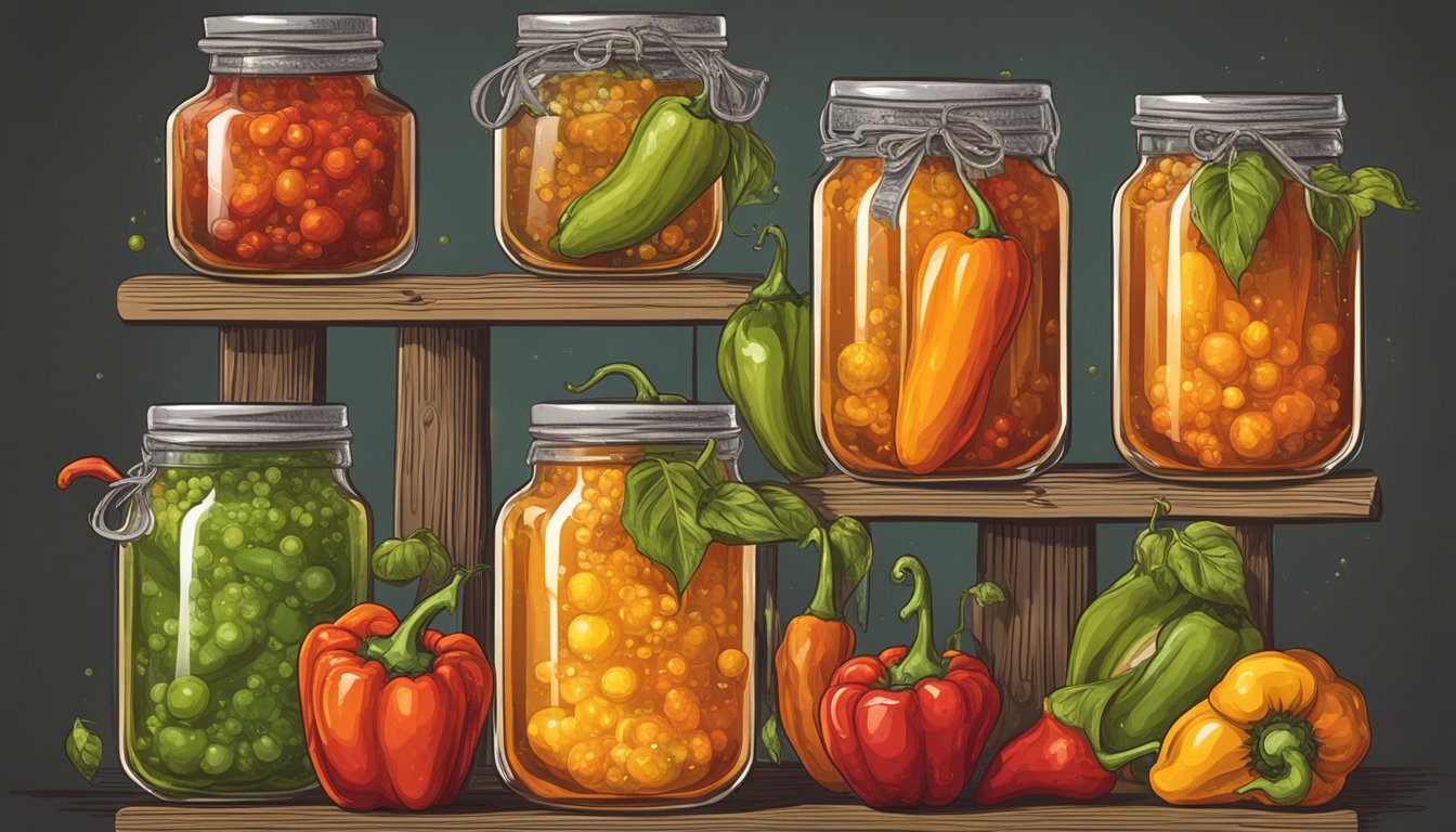 Fresh peppers ferment in glass jars, bubbles rising to the surface. Aged hot sauce sits in wooden barrels, flavors melding over time