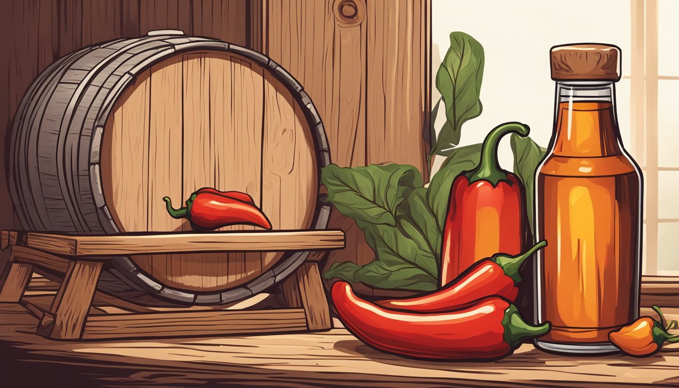 A bottle of hot sauce sits on a wooden shelf next to a barrel, hinting at the aging process. A chef's knife and fresh peppers lie nearby