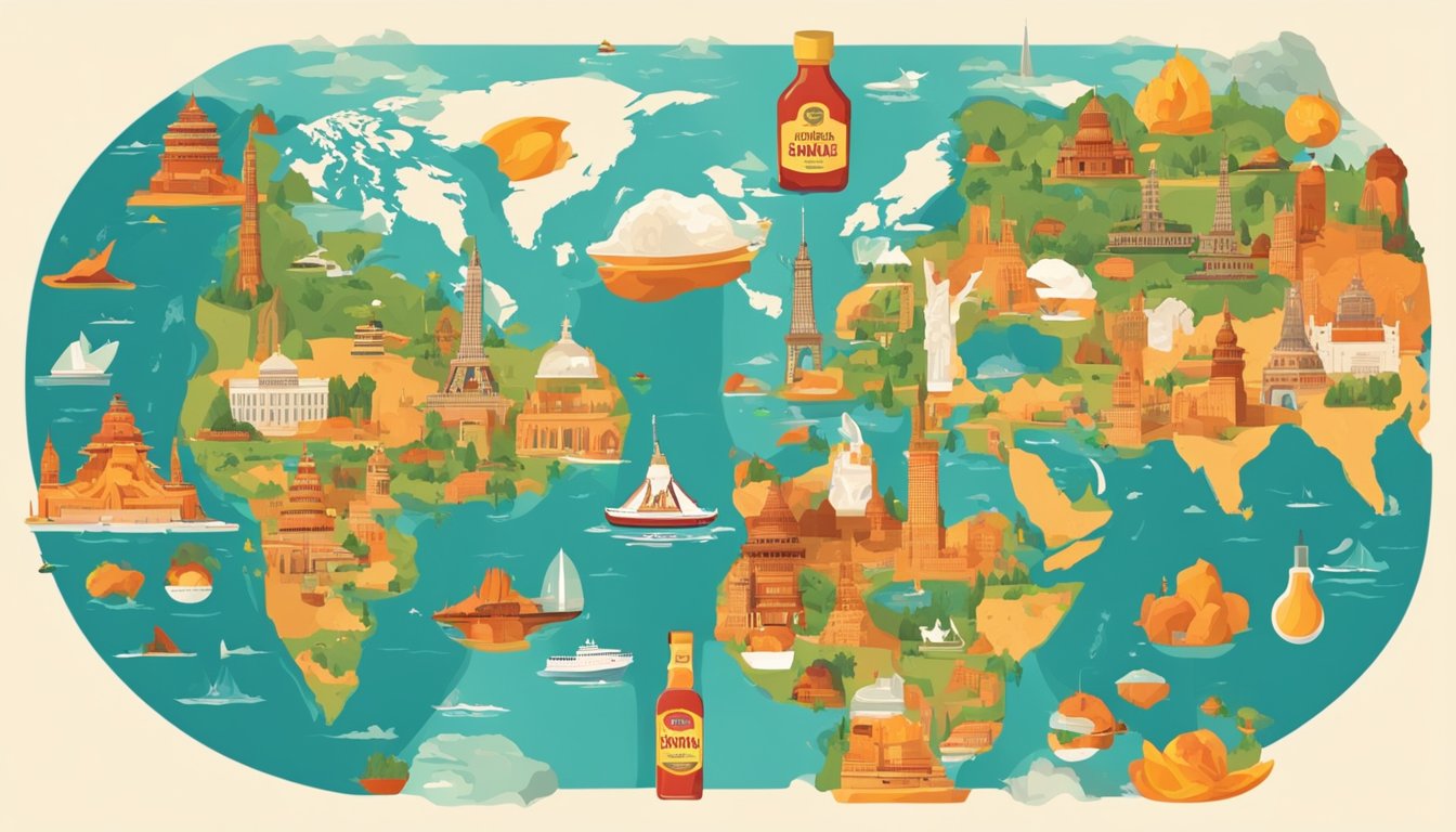 A global map with various iconic landmarks, each surrounded by a unique bottle of hot sauce, representing the fusion of international flavors