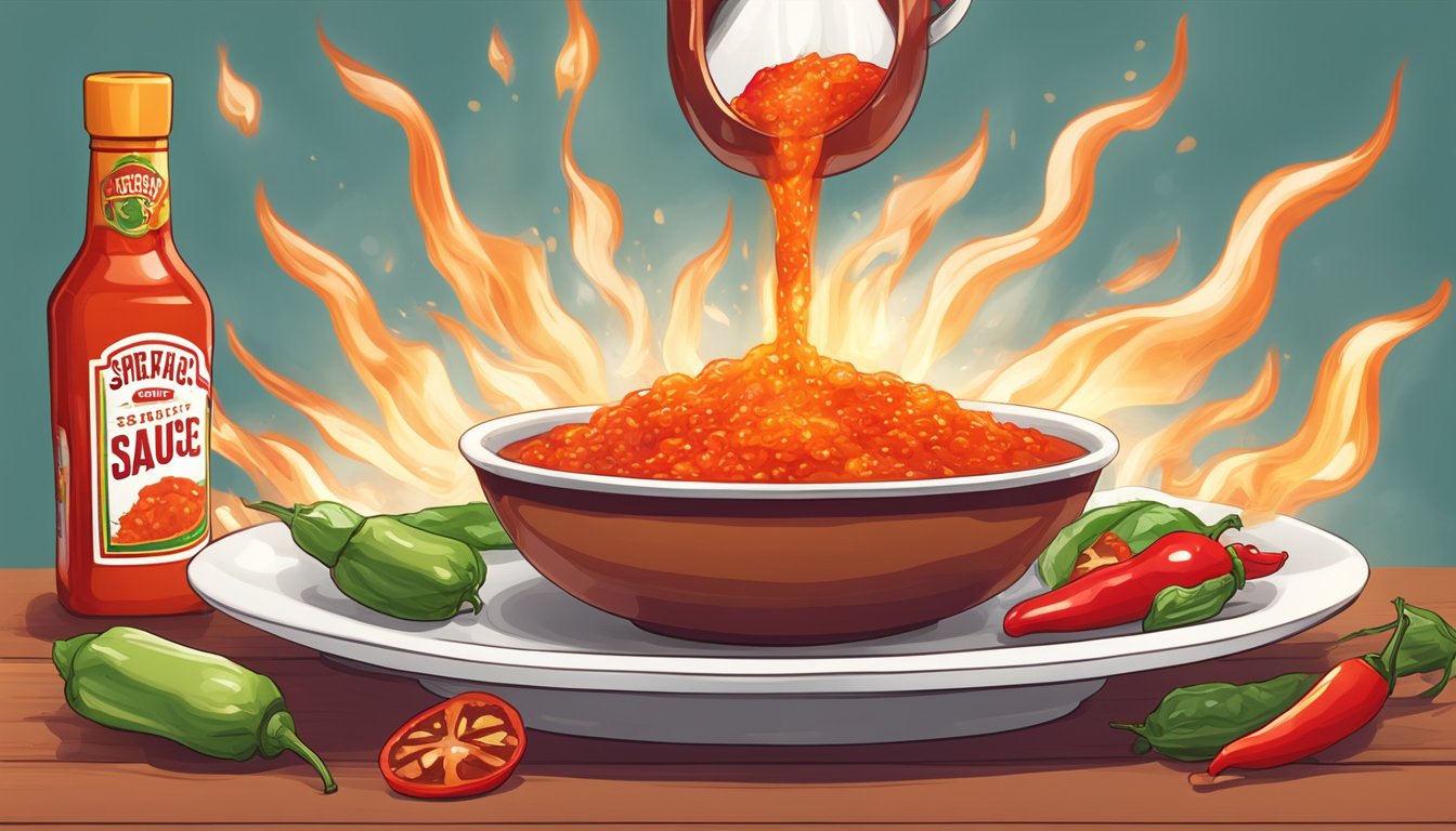 A bottle of hot sauce pouring onto a plate of spicy food, causing steam to rise and a fiery red glow