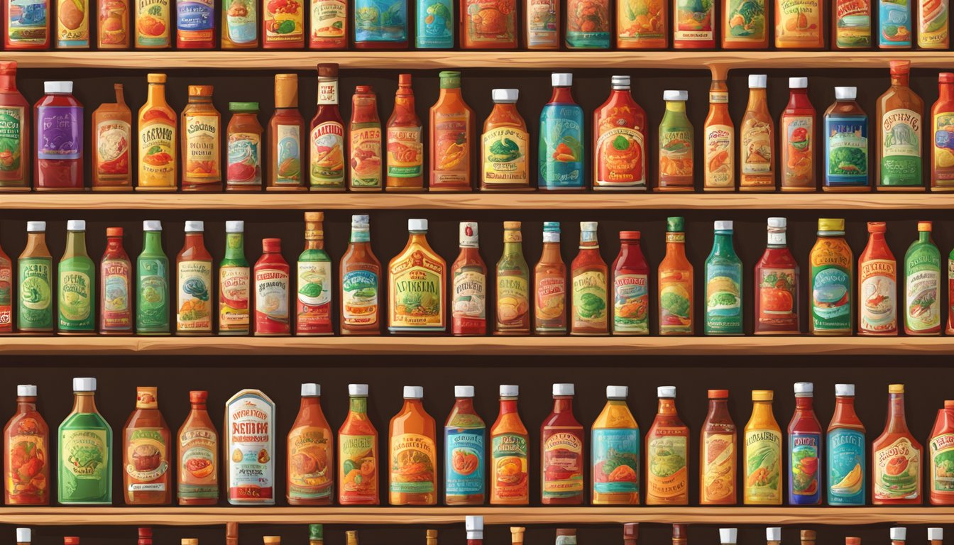 A variety of hot sauce bottles from different countries displayed on a shelf, each with unique labels and vibrant colors