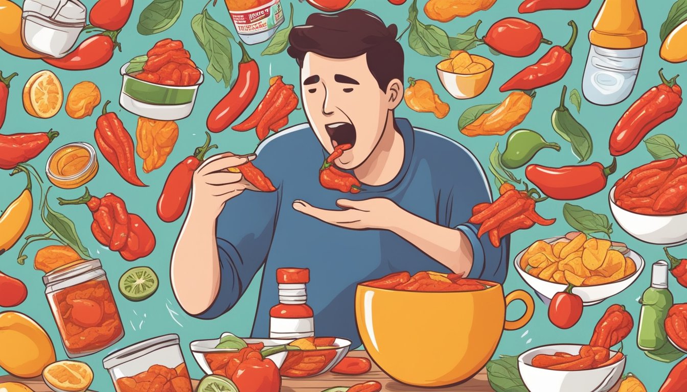 A person eating spicy food and experiencing heartburn, reaching for antacids