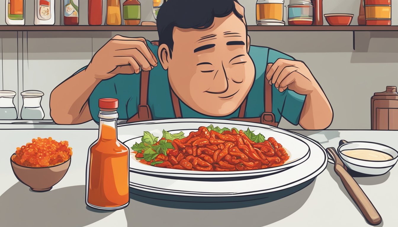 A bottle of hot sauce next to a plate of spicy food, with a person grimacing in discomfort