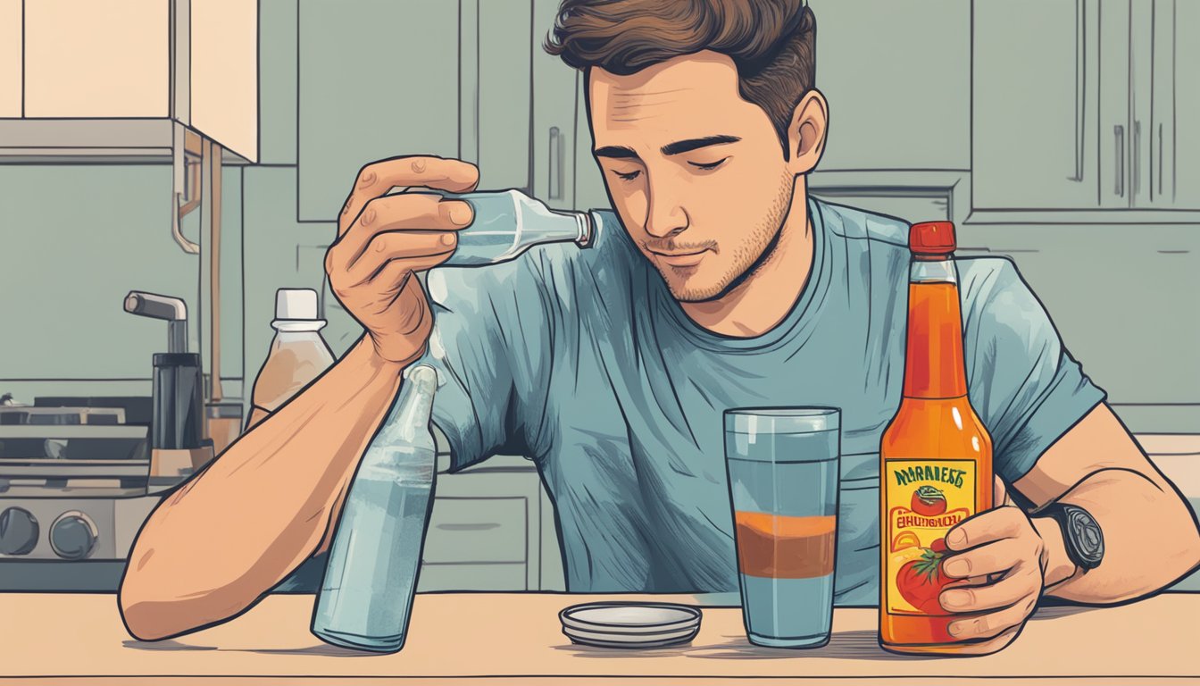 A person reaching for a glass of water next to a bottle of hot sauce, wincing in discomfort