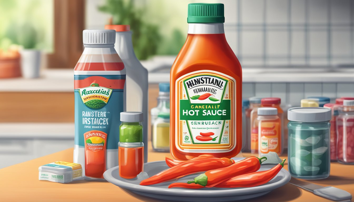 A bottle of hot sauce next to a plate of antacids on a kitchen counter