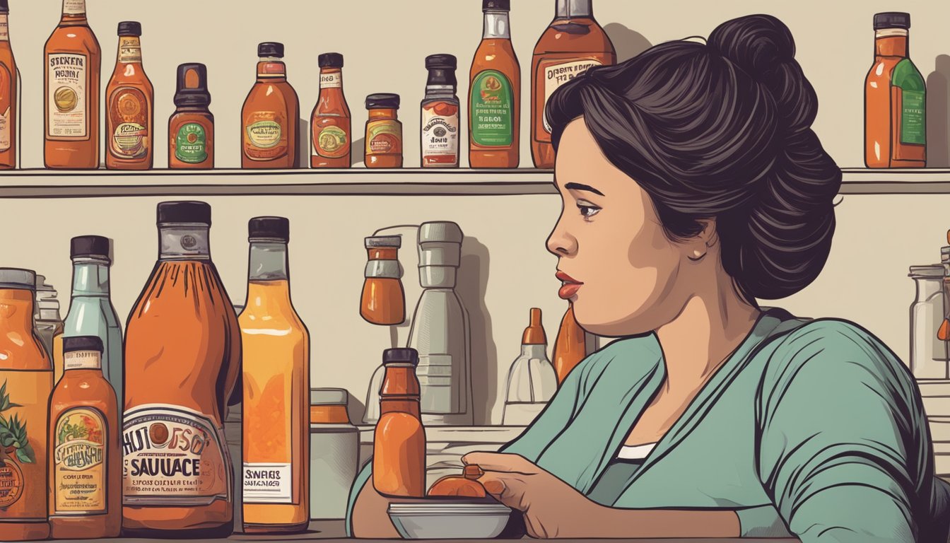 A pregnant woman cautiously reaching for a bottle of hot sauce, with a concerned look on her face