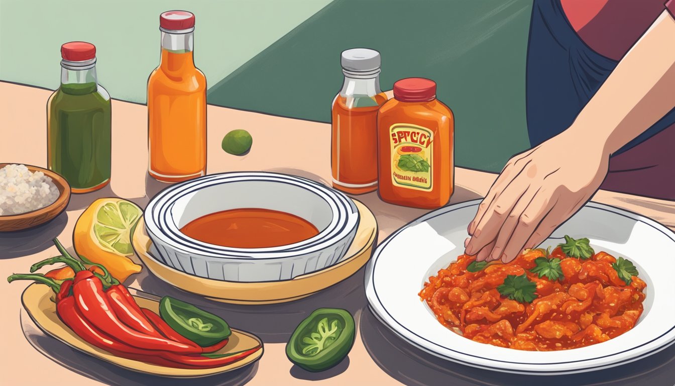 A pregnant woman's hand reaches for a bottle of hot sauce next to a plate of spicy food