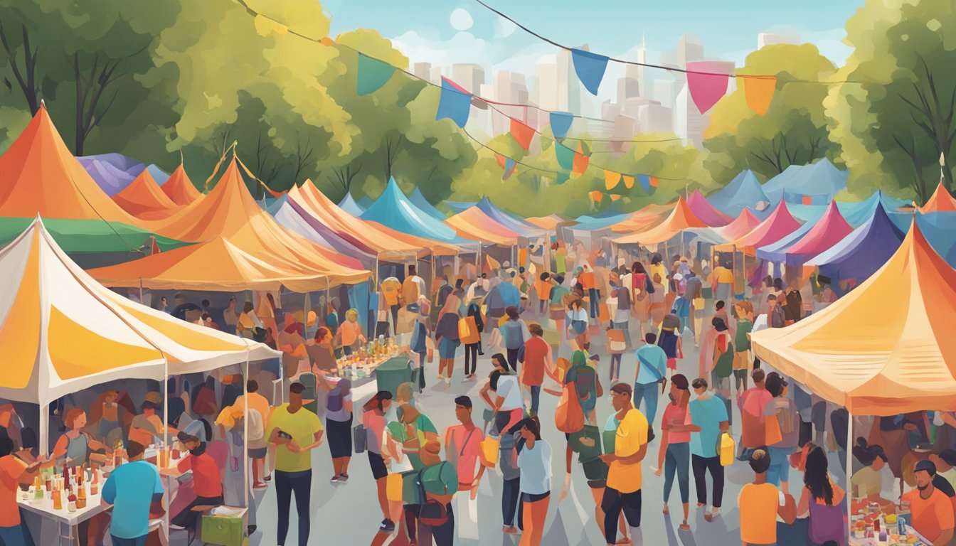 A bustling outdoor festival with colorful tents, live music, and people sampling various hot sauces from around the world