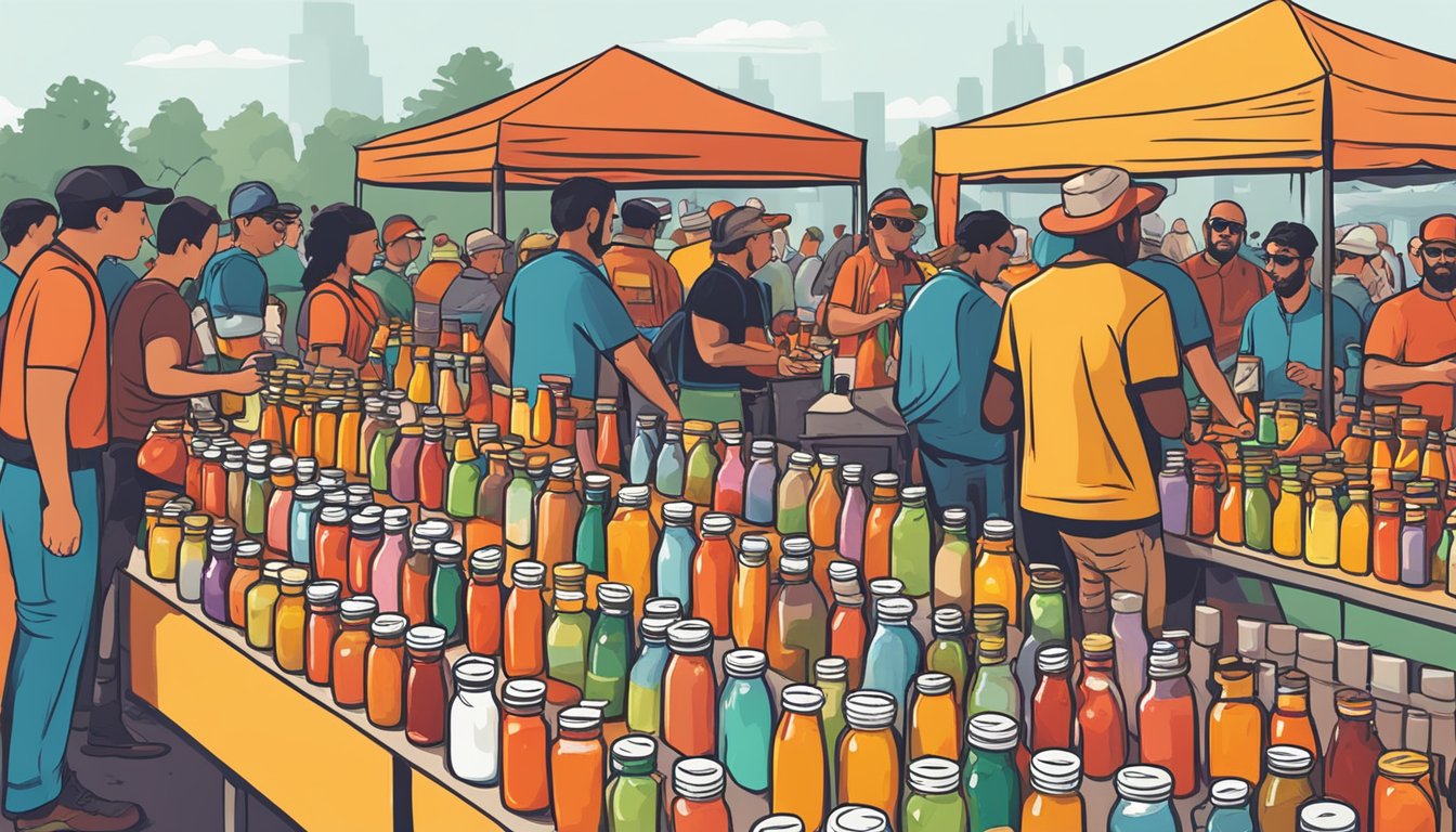 Vendors at a hot sauce festival display colorful bottles and jars of various sauces, surrounded by eager attendees sampling and purchasing their favorite spicy concoctions