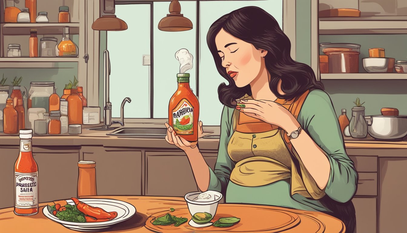 A pregnant woman holds a bottle of hot sauce, while a plate of spicy food sits untouched. She grimaces as she takes a whiff of the pungent aroma