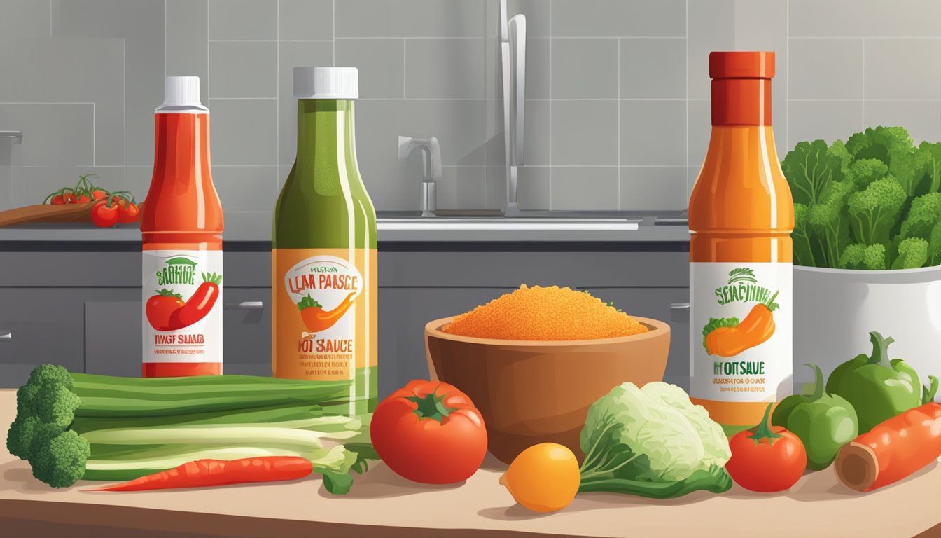 A bottle of hot sauce sits next to a variety of fresh vegetables and lean protein on a clean, organized kitchen counter