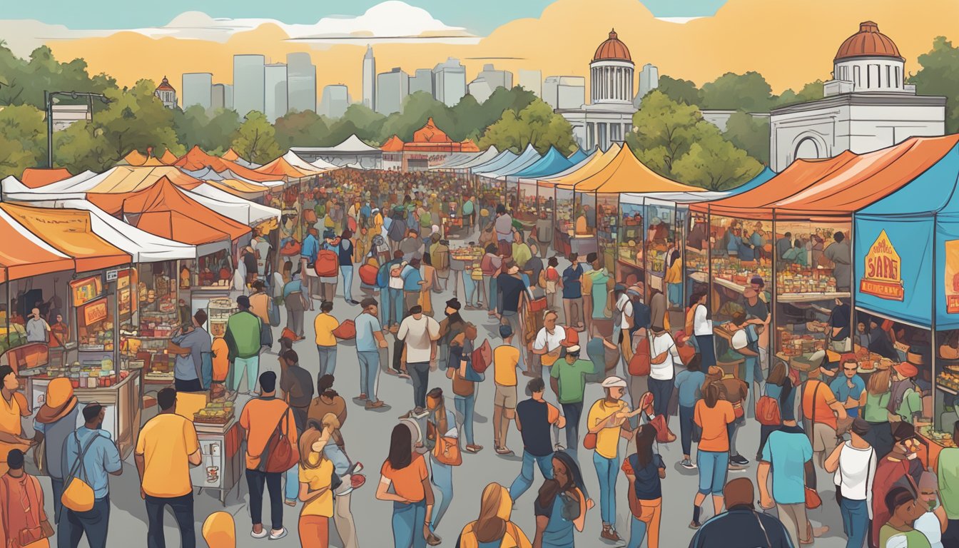 A bustling hot sauce festival with vendors, food trucks, and live music, as attendees sample and purchase a variety of spicy condiments