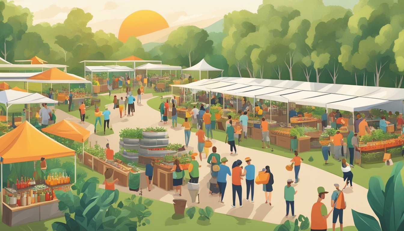 A bustling hot sauce festival with eco-friendly vendors, composting stations, and reusable utensils, set against a backdrop of greenery and solar panels