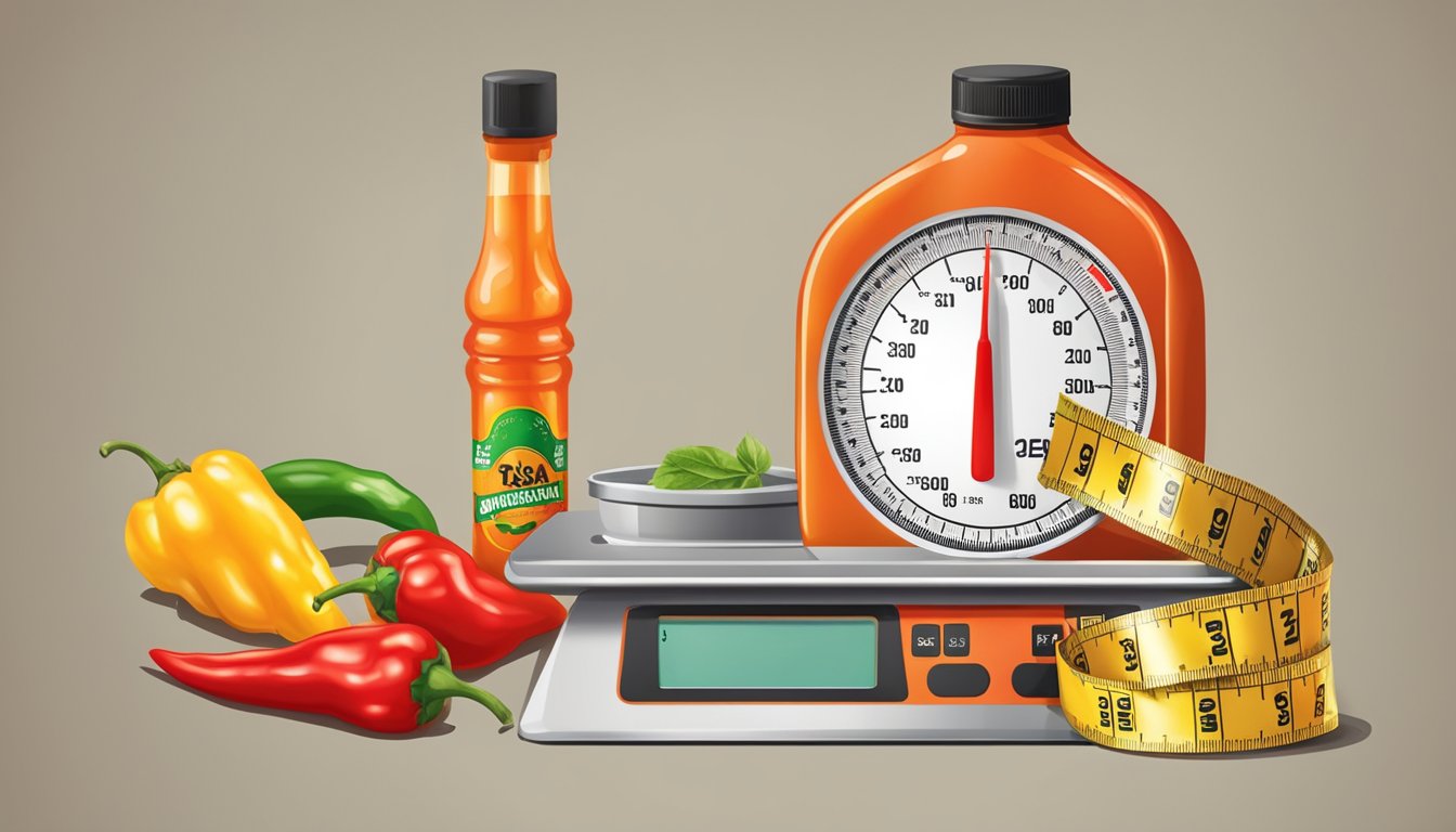 A bottle of hot sauce next to a scale and measuring tape